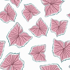 Botanical seamless tropical pattern with bright pink plants, leaves on white background. Exotic tropics. Summer. Design Jungle print. Floral background. 