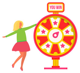 Lucky Woman Standing Near Wheel Fortune And Winning Vector Illustration. Happy Female Colorfull Rotating Lottery With Big Chance Of Succes. Flat Style Concept