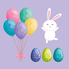 balloons helium with rabbit and eggs of easter vector illustration design