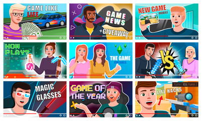 Set of different people on internet videos. People bloggers on video screen. Tuber characters vlog. Set of preview for vlogs of video blogger on different topics like life hacks, game news, how play