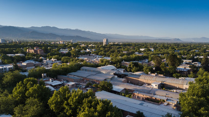 Fototapeta na wymiar Sunset city from drone view