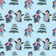 Cute penguin wear scarves in winter seamless pattern.