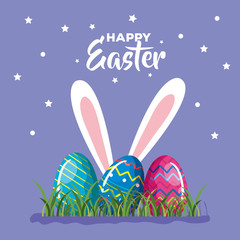 happy easter card with eggs decorated and ears bunny vector illustration design