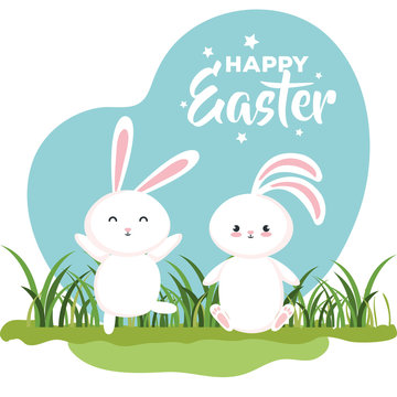 happy easter card with rabbits in grass vector illustration design