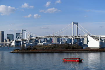 ２０２０年東京オリンピックの年の東京の風景　１月のお台場で停泊する屋形船と青空の風景