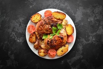 Fried chicken thigh, baked chicken leg. Top view. Dark background. Plate on a wooden board. Isolated. Baked potatoes, tomatoes and chicken, delicious lunch.