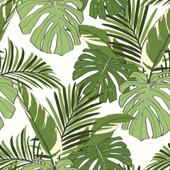 Seamless pattern. Beautiful vintage background. Tropical exotic leaves. Wallpaper baroque. Drawing engraving. 