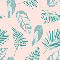 Fototapeta na wymiar Mint Exotic Tree Seamless Pattern. Tropical Jungle Illustration California Design. Swamp Leaves Modern Pattern. Indigo Palm Leaf Print. Pink peach background.