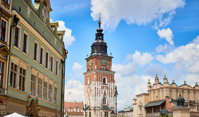 Obraz premium View on the town hall tower in summer morning. Krakow, Poland.