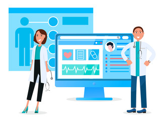 Doctors on rally, meeting of specialists. Online consultation and medical care or check up. Monitor with diagnosis or health status of patient. Scientists conducting researches on computers, vector