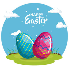 happy easter card with eggs decorated in grass vector illustration design
