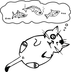 Cat illustration, domestic cat with its fishy dreams, funny cat character for prints on cards, t-shirts, posters, magnets, stickers