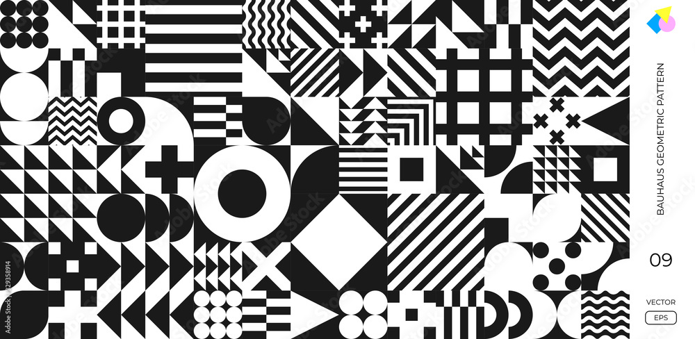 Poster Abstract Bauhaus geometric pattern, vector circle, triangle and square lines background. Black and white Bauhaus Swiss pattern background