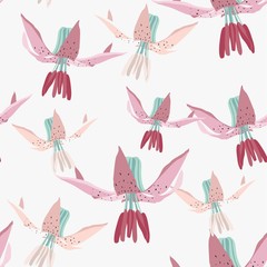 Orange lily flower seamless pattern on light mint pink colors.