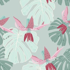 Fototapeta na wymiar Seamless floral pattern of exotic tropical lilies and monster lives. Isolated on light pink background. Fabric texture. Wallpaper. Mint vintage illustration.