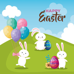 happy easter card with eggs and rabbits vector illustration design