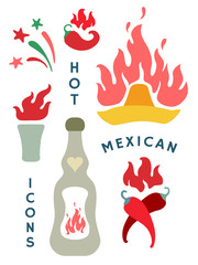 Hot Mexican icons. Burning drinks and red chili peppers.