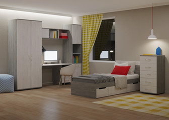 Cozy stylish bedroom designed for a teenager. Night. Evening lighting. 3D rendering.