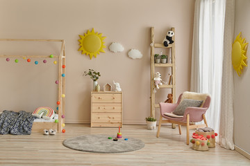Child room concept with wooden furniture design, bed cabinet and toy.