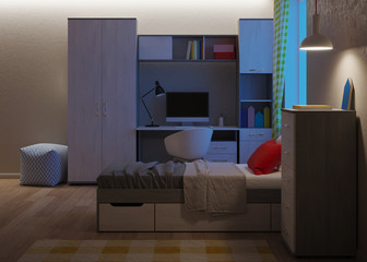 Cozy stylish bedroom designed for a teenager. Night. Evening lighting. 3D rendering.