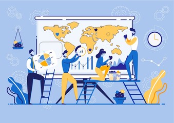 Team Work Process Concept Flat Cartoon Vector Illustration. Group Businessman Meeting on Global Planning and Marketing Research. Map wiith Marks. People Hanging Charts and Points on Earth.