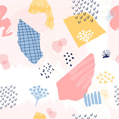 Abstract colorful collage seamless pattern. Wallpaper hand drawn design. 