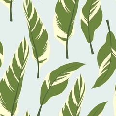 Hand drawn leaves seamless pattern on vintage blue background.