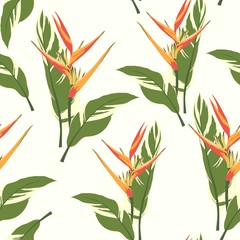 Seamless tropical pattern, vivid tropic foliage, with palm leaves, bird of paradise flower, heliconia in bloom. White background.