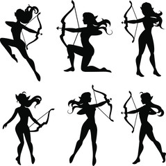Vector set of illustrations of a silhouette of an elf with a bow.