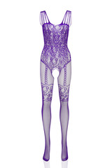 Subject shot of a violet erotic bodysuit with a cutout in the intimate area and with multirow shoulder straps. The sexy underwear with scroll pattern is isolated on the white background.