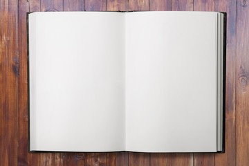 Open blank notebook on a wooden desk