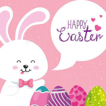 happy easter card with bunny and eggs decorated vector illustration design