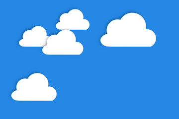 White clouds cut out of paper with shadow on a blue background. Illustrated symbol of the sky.