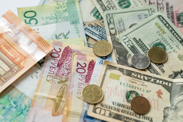 Close-up of money. Belarusian rubles, dollars and Euro currency.