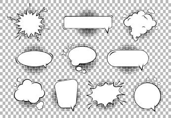 Retro empty comic cartoon bubbles and cloud elements of speech collection with black halftone shadows on transparent background. Discussion message bubble. Vector illustration, vintage design, pop art