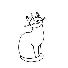 Hand drawn vector. Cute cat sitting and smiling. Silhouette in Doodle style, black lines, sketch. For decoration, coloring for kids, logo.