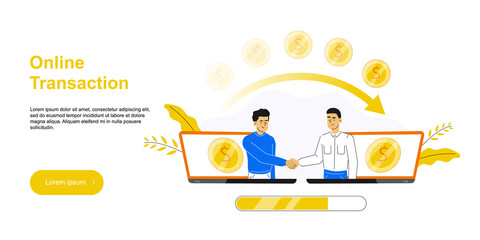Businessmen shake hands from two computer or laptop. Online conclusion of the transaction. Business, e commerce concept. Starting new  business. Online banking. Payment. Vector web illustration.