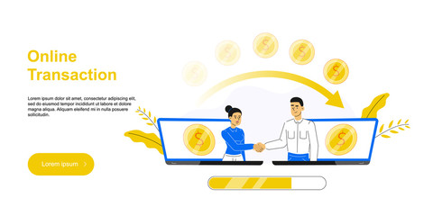Businessmen shake hands from two computer or laptop. Online conclusion of the transaction. Business, e commerce concept. Starting new  business. Online banking. Payment. Vector web illustration.