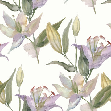 Watercolor seamless pattern with lilies. Vector floral design isilated on white background.
