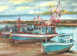 Fototapeta na wymiar fishing boat on the Thailand beach watercolor painting