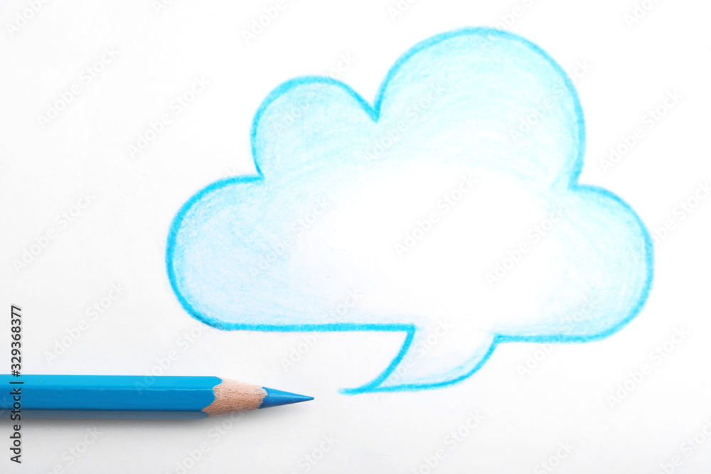 Poster Drawing of cloud and light blue pencil on white background, top view