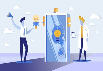 Poster Creative Thinking and Implementation Ideas. People Invent Goods in their Creative Workshops. Man Waving Loudspeaker Pointing to Take Off Light Bulb, Cartoon. Vector Illustration.