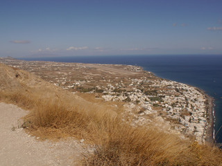 Kamari village, aerial view from Mesa Vouno mountain on Santorini island, Greece