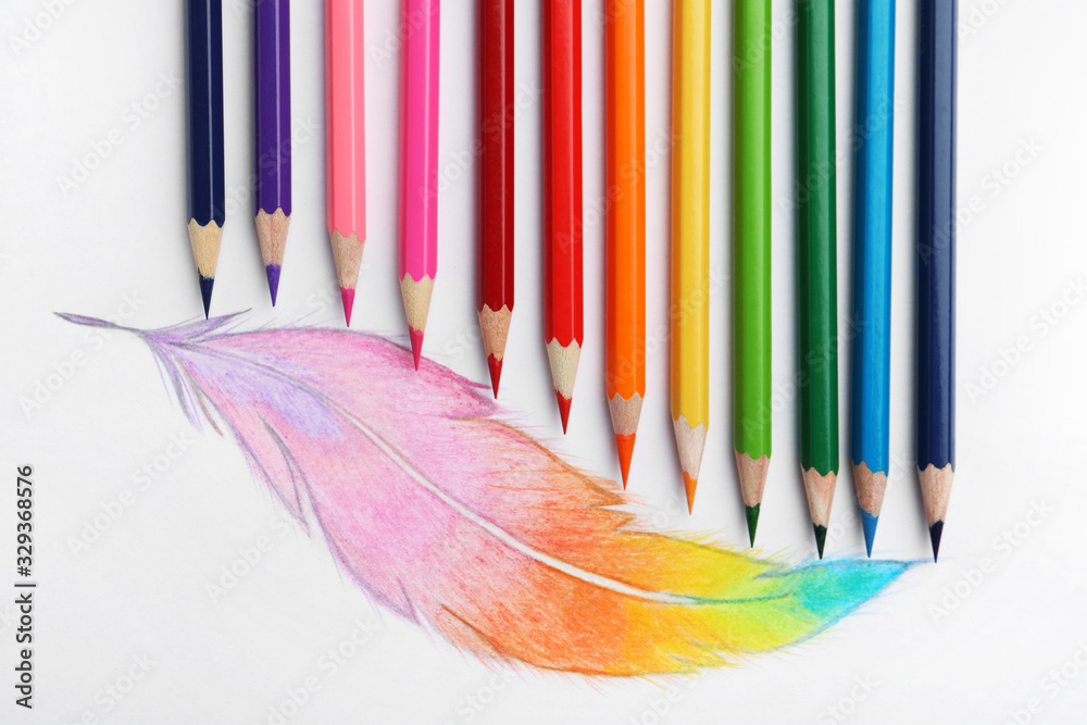 Poster Drawing of feather and colorful pencils on white background, top view