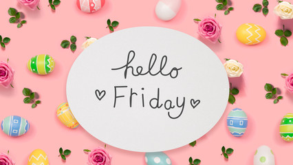 Hello Friday message with Easter eggs on a pink background
