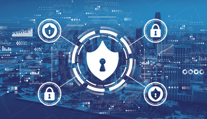 Cyber security theme with downtown San Francisco skyline buildings
