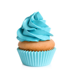 Delicious birthday cupcake with buttercream isolated on white