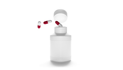 Pills bottle mock up. Jar with Medicaments. Blank Plastic Packaging Bottle with Open Cap and pharmacy capsule Pills Isolated on White Background. White Packaging for Meds or Vitamins. 3d Rendering.