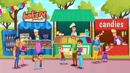 Street Food Festival, Outdoor Food Court with Female, Male Sellers in Bakery Products Shop, Ice-Cream Kiosk, Candies Store and Happy Children with Families Buying Snacks Cartoon Vector Illustration