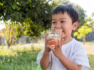 Asian little child boy holding glass of orange juice with smiling happy face outdoor nature background at home.  Vitamin C nutrition for healthy concept.